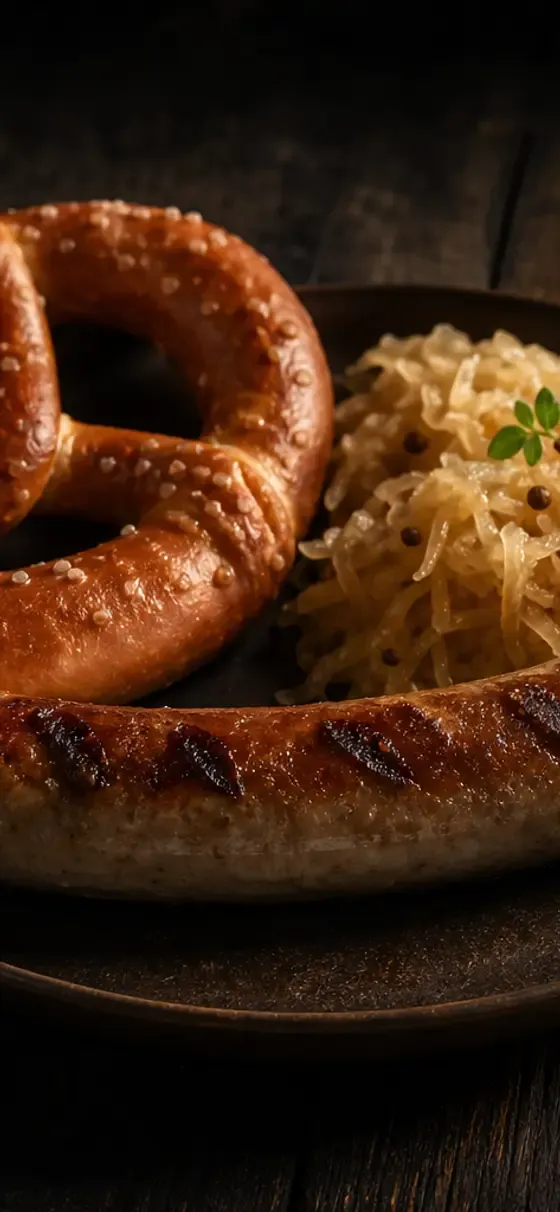 Der Kamerabildschirm von Sabzy: Bratwurst mit Sauerkraut und Brezel im Scanrahmen, darunter die geschätzten Kalorien
