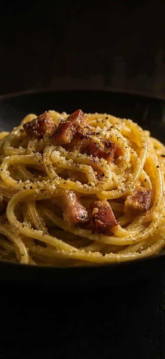La schermata della fotocamera di Sabzy con gli spaghetti alla carbonara dentro il riquadro di scansione e la stima delle calorie sotto