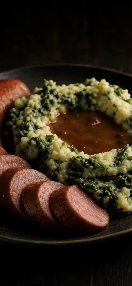 Het camerascherm van Sabzy met stamppot met rookworst in het scankader en de calorieschatting eronder